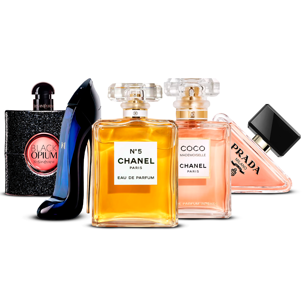 Zestaw 5 Perfum – Black Opium, Good Girl, Chanel N°5, Coco Mademoiselle i Prada Paradoxe [100 ml każdy]