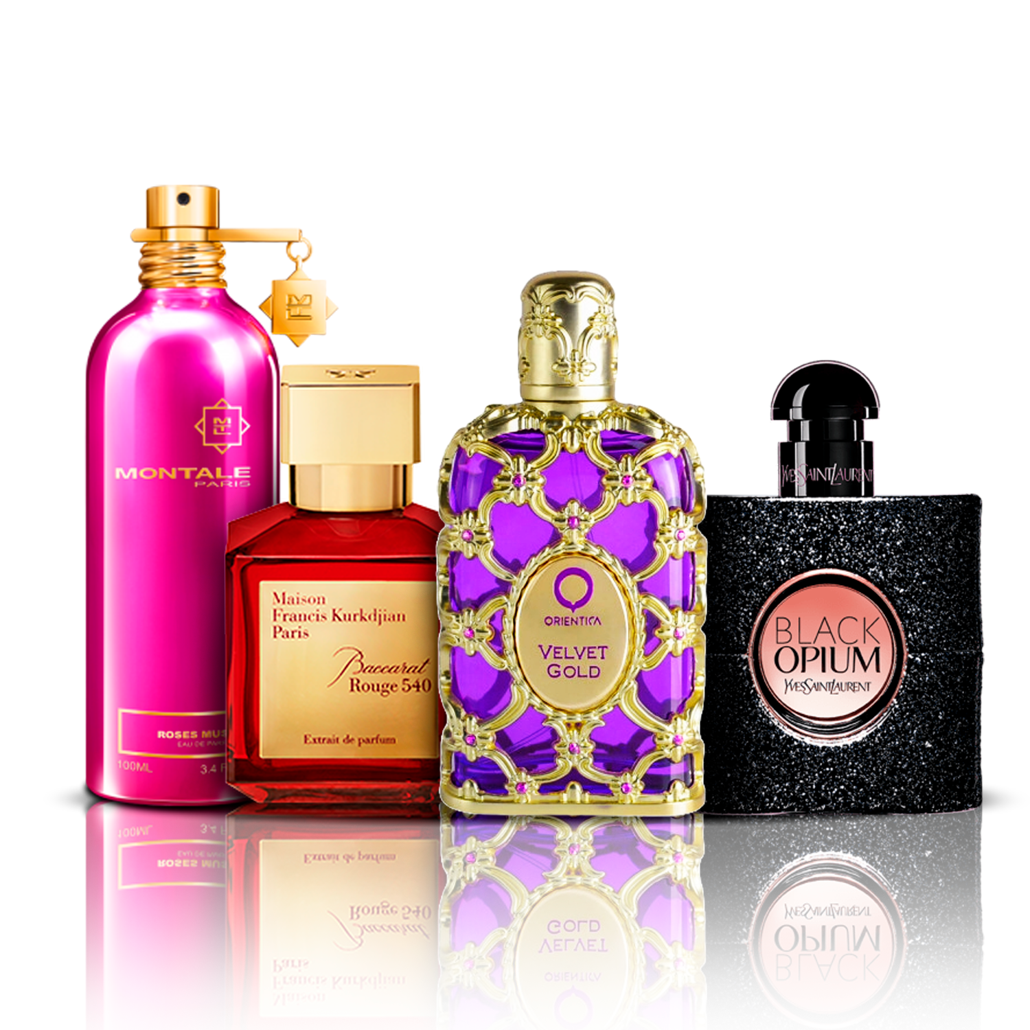 Zestaw 4 Perfum | Orientica Velvet Gold + Baccarat Rouge + Black Opium + Montale Roses Musk [100 ml każdy]